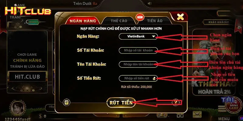 Chọn phương thức rút tiền từ Hitclub về tài khoản